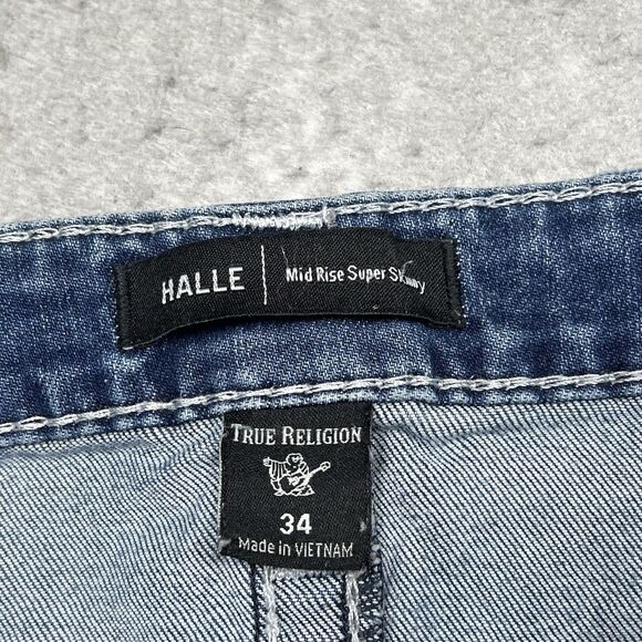 True Religion Rocco Relaxed Skinny Jeans Womens Sz 34 Blue Dark Wash Distressed - Picture 13 of 16